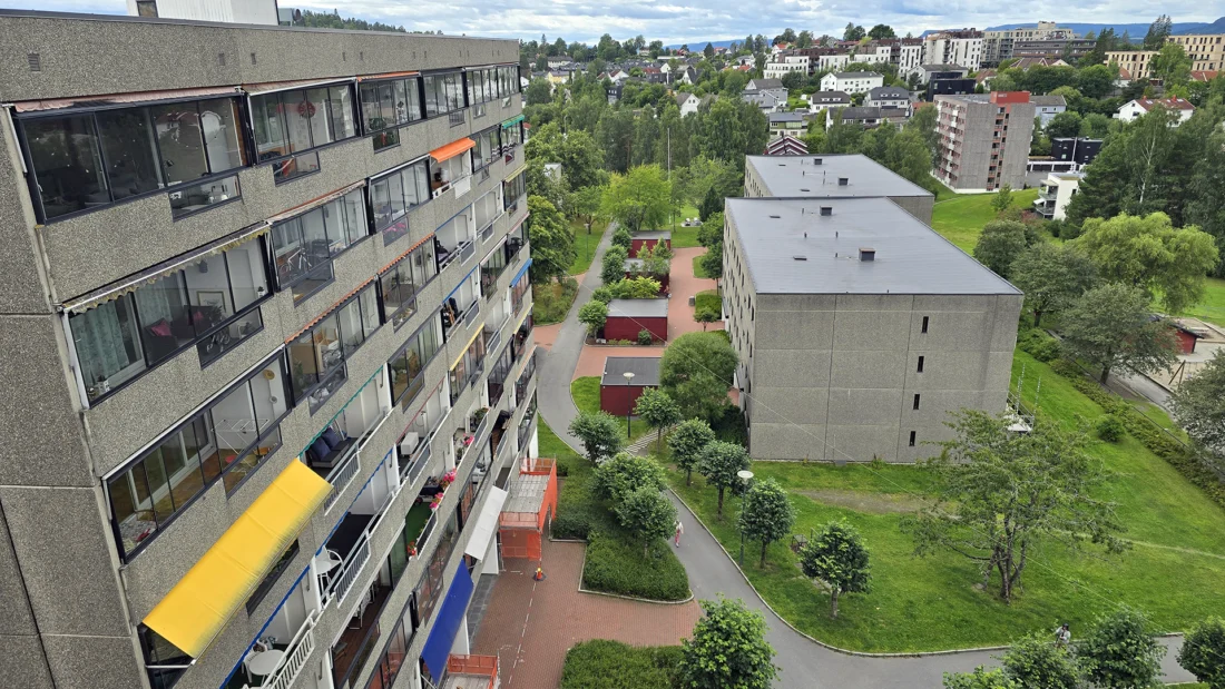 Oversikt over Meklenborg borettslag som består av 13 blokker